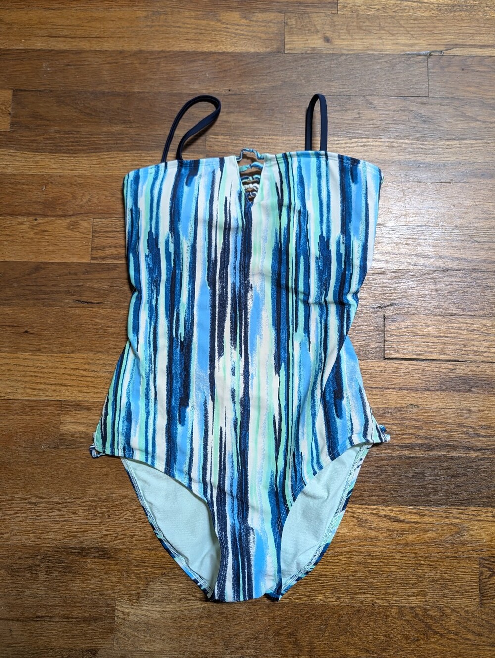 Aerie One Piece Swimsuit M Blue Watercolor Striped Keyhole Strappy Bathing Suit
